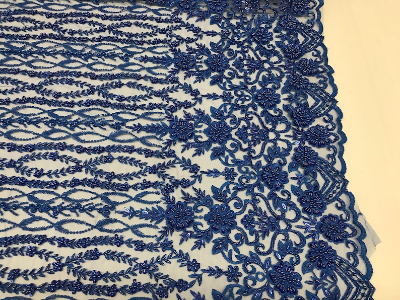 Shop Mesh Lace Fabric Bridal Veil Flower Beaded Fabric By The Yard Royal Blue Lace Beads For Mesh Dress
