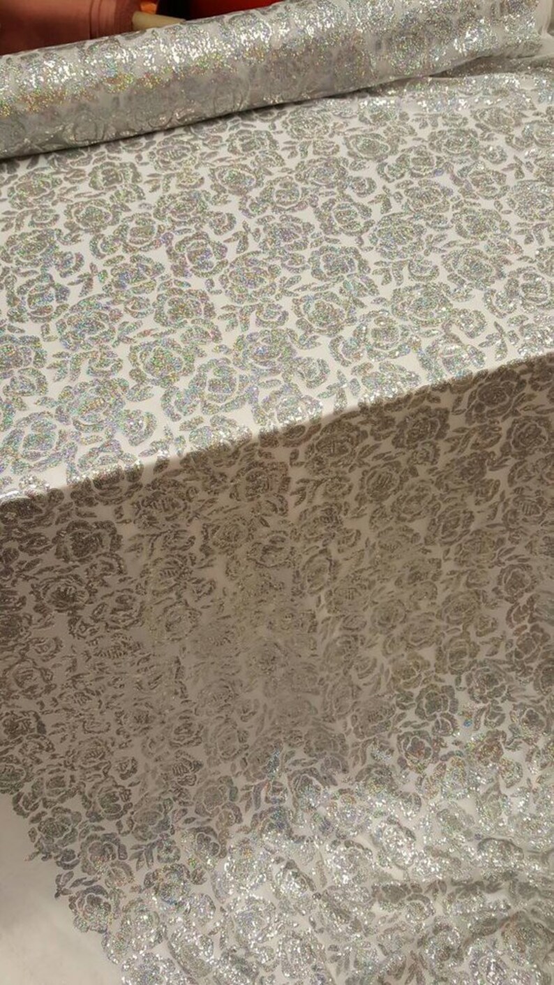 Roses Design Iridescent Sequin Lace Fabric Mesh Stretch Prom Fabric Sold by the Yard Silver