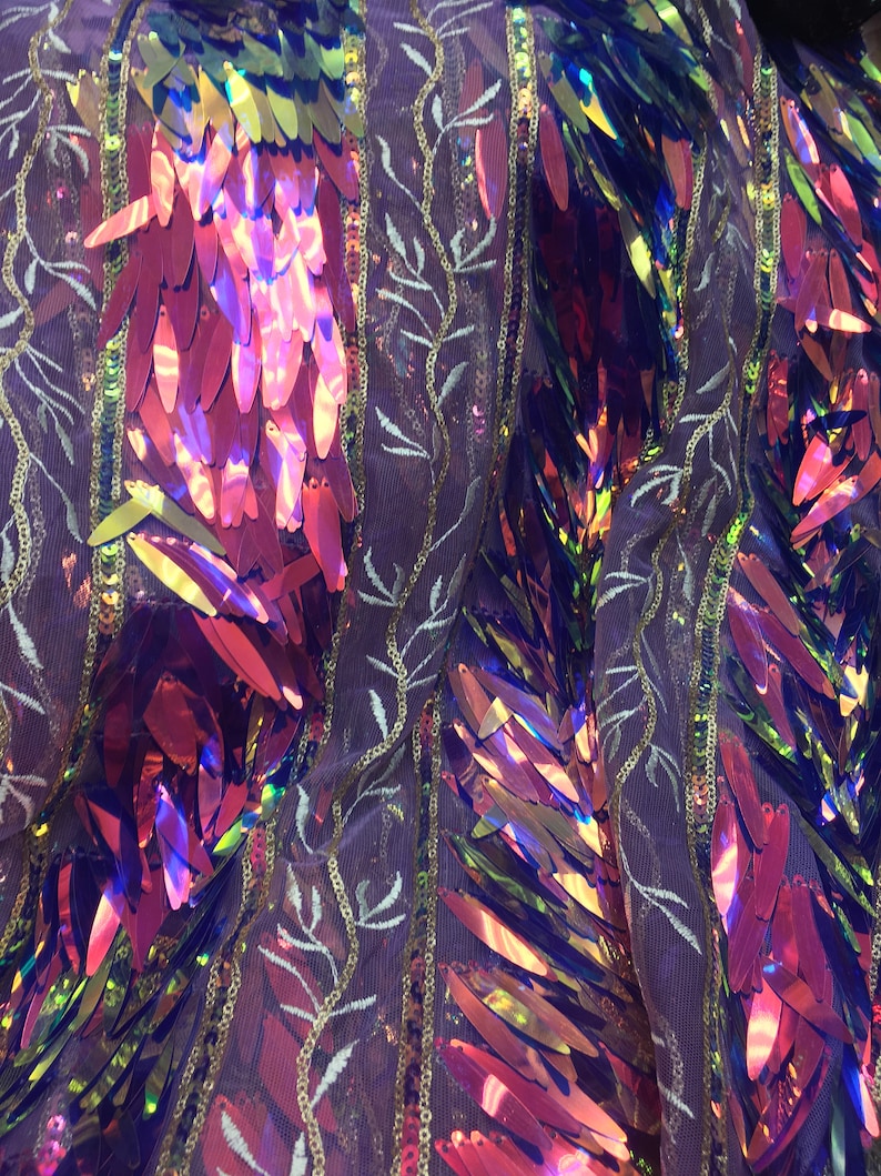 54 inch Different Colors Sold by the Yard Iridescent Long Leaf Shape Sequin on a Mesh Base with Embroidery Accents