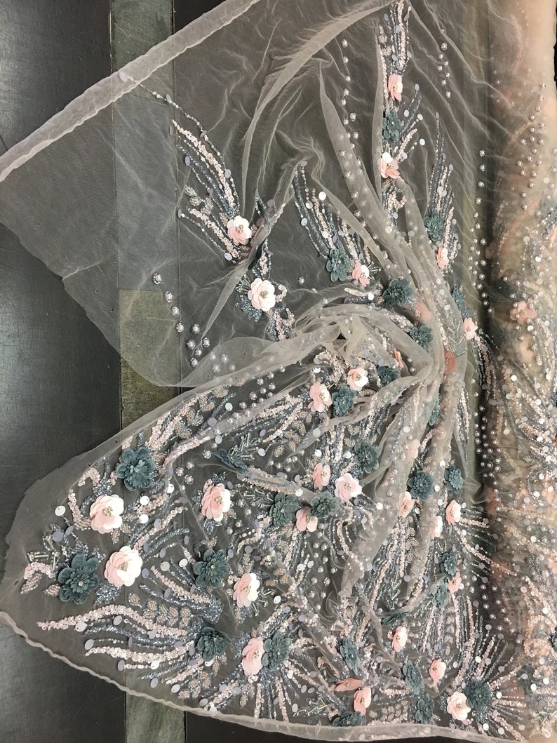 Luxury Designs 3D FlowerFloral Designs Beaded With Diamonds Fabric Lace Sold By The Yard Embroidered Beaded On Blush Mesh PinkSage