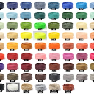 May include: A chart of 48 different colors of waxed cotton cord, each color is labeled with a number. The colors include black, white, metallic gold, metallic silver, metallic silver/gold, and metallic copper.