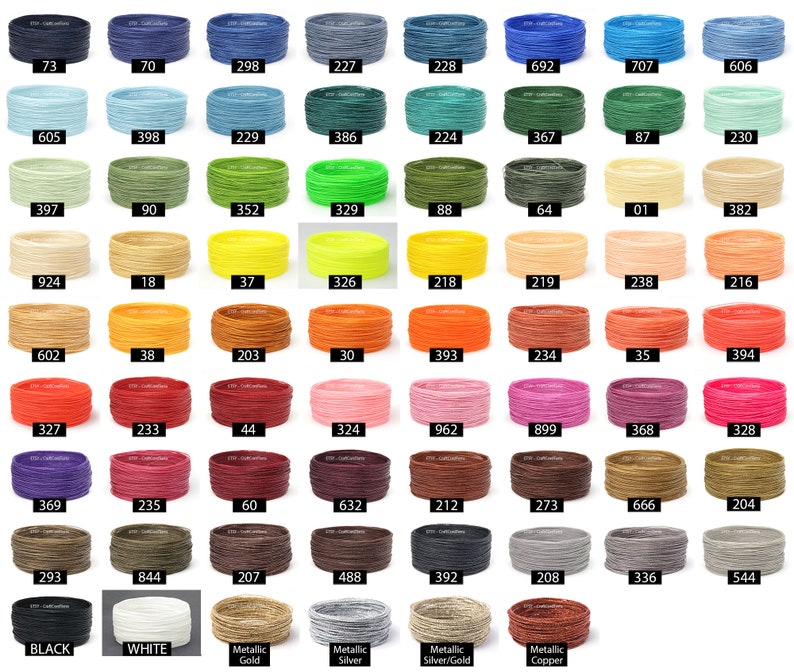 May include: A chart of 48 different colors of waxed cotton cord, each color is labeled with a number. The colors include black, white, metallic gold, metallic silver, metallic silver/gold, and metallic copper.