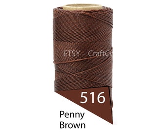 May include: A spool of Penny Brown colored nylon cord. The cord is tightly wound around a cardboard core. The color is a rich, dark brown. The label indicates the color number is 516. The Etsy shop name is visible.