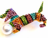 RHINESTONE PEARL DOG Brooch Mod Pop, Figural, Playful, Animal, Dog, Pet, Pin Accessory Bright, Multicolor, Luminous Gold Tone Setting.