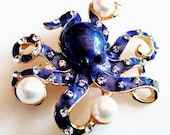 ENAMELED OCTOPUS BROOCH Fabulous Purple Enameled,Sparkling Crystals,Luminous White Pearls Figural Pendant Pin Accessory Gold Tone Setting.