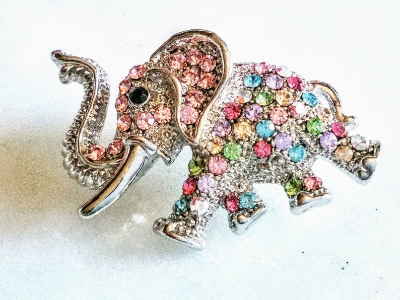 RHINESTONE ELEPHANT BROOCH Cute Luck Pin Accessory Totally Precious Adorable Animal Sparkling Rainbow /& French Jet Crystals Charming