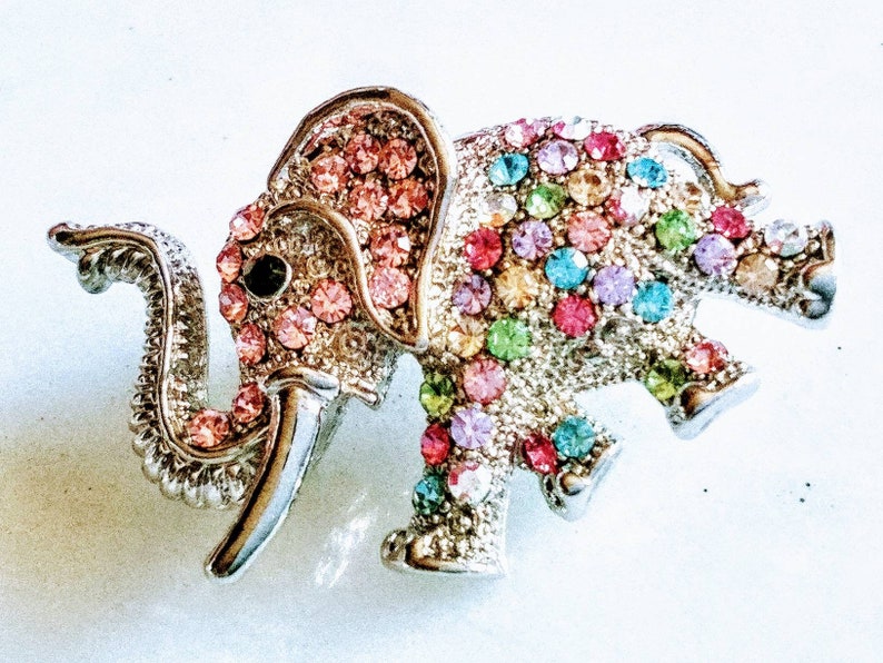 RHINESTONE ELEPHANT BROOCH Cute Luck Pin Accessory Totally Precious Adorable Animal Sparkling Rainbow /& French Jet Crystals Charming