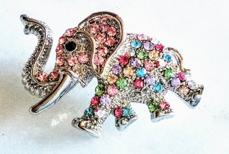 RHINESTONE ELEPHANT BROOCH Cute Luck Pin Accessory Totally Precious Adorable Animal Sparkling Rainbow /& French Jet Crystals Charming