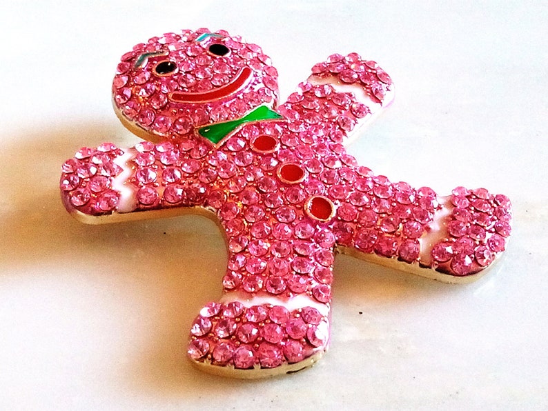 Yummy Enameled Smiling Figural Pendant Pin Accessory GINGERBREAD MAN BROOCH Delightful Pink Crystals Enjoying The Holidays With You!