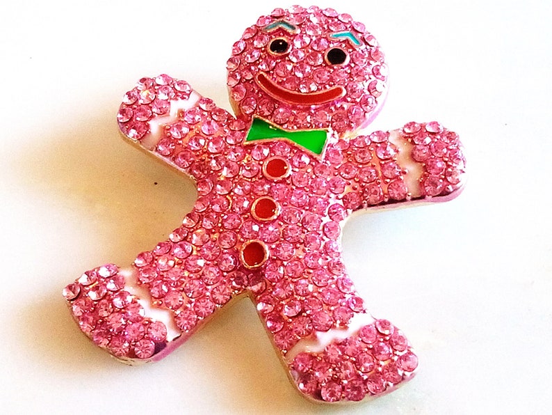 Yummy Enameled Smiling Figural Pendant Pin Accessory GINGERBREAD MAN BROOCH Delightful Pink Crystals Enjoying The Holidays With You!