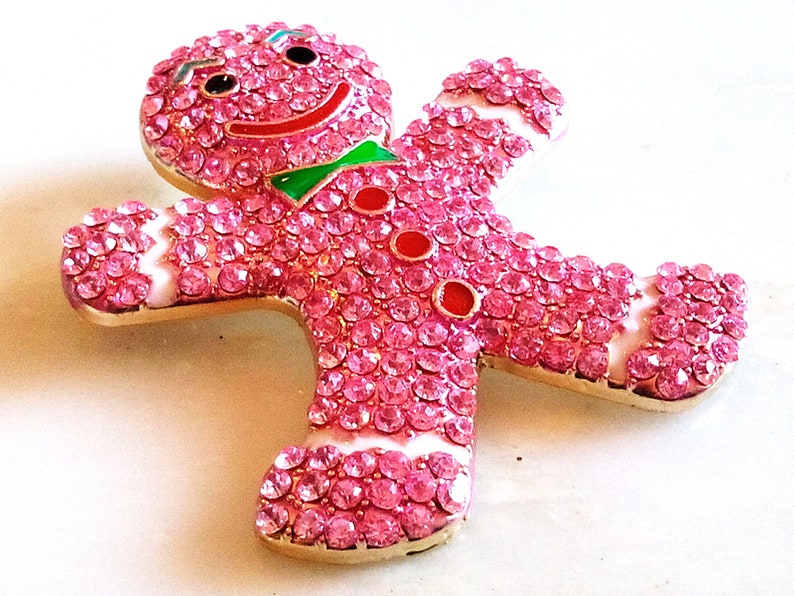 Yummy Enameled Smiling Figural Pendant Pin Accessory GINGERBREAD MAN BROOCH Delightful Pink Crystals Enjoying The Holidays With You!
