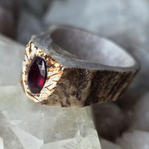 May include: A ring crafted from textured brown and grey antler material, featuring a single oval-shaped deep red gemstone set into the front. The band has a rugged, natural exterior surface with carved detailing surrounding the central stone.