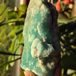 Puede incluir: Un esp&eacute;cimen mineral en bruto de color turquesa con una superficie rugosa y texturizada. La piedra tiene una estructura cristalina y un grupo m&aacute;s claro, blanquecino, en su superficie. El fondo incluye vegetaci&oacute;n y luz solar.