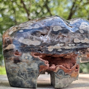 Ocean Jasper Hand Carved Buffalo from Madagascar with Vugs - Chip on front foot - may include small imperfections
