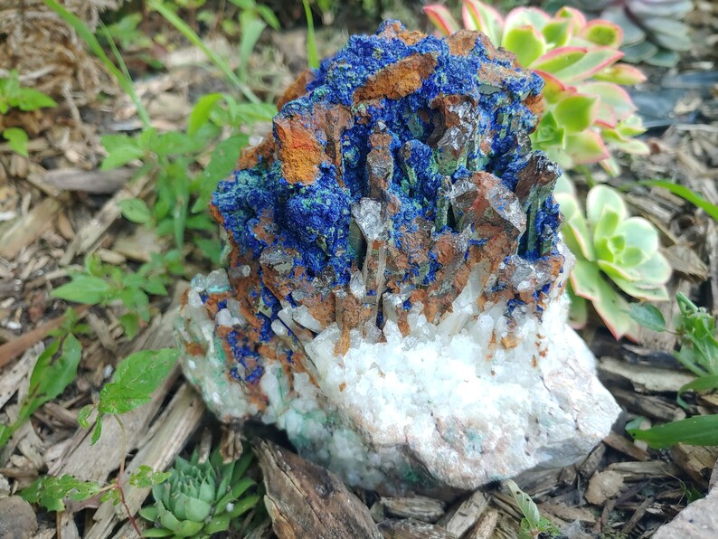 May include: A cluster of blue, green, and brown crystals on a white, rocky base. The crystals are arranged in a random, natural pattern.