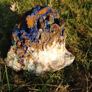 May include: A cluster of blue azurite crystals with brown and white quartz crystals. The crystals are arranged in a natural formation and have a rough, textured surface.