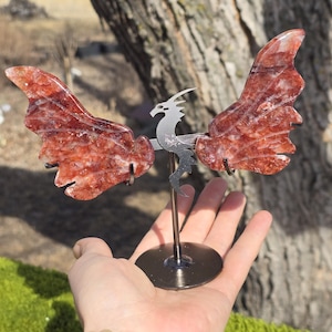Fire Quartz Crystal Wings with Dragon Stand - Red Hematoid Quartz Polished Wing Set - Metaphysical and Occult Decor