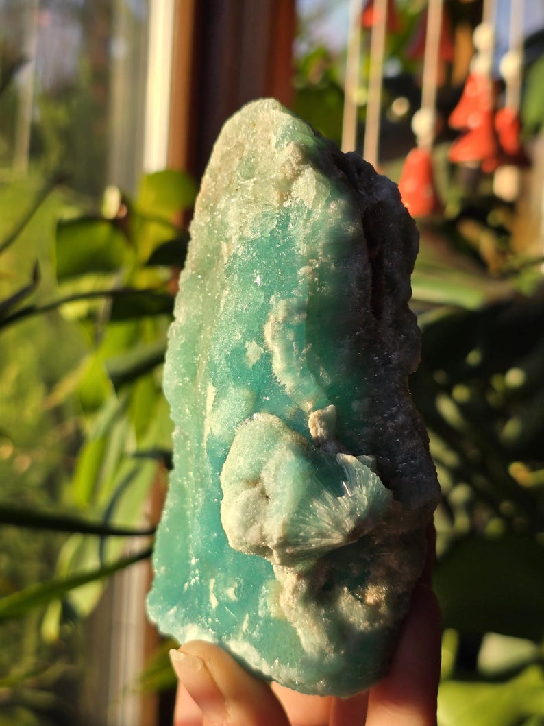Puede incluir: Un esp&eacute;cimen mineral en bruto de color turquesa con una superficie rugosa y texturizada. La piedra tiene una estructura cristalina y un grupo m&aacute;s claro, blanquecino, en su superficie. El fondo incluye vegetaci&oacute;n y luz solar.