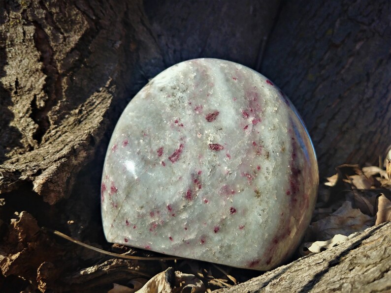 May include: A smooth, white, and gray polished stone with red inclusions. The stone is shaped like an egg and is resting on a piece of wood.