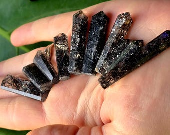 Black Tourmaline In Quartz Crystal Mini Point - random pull - Rutilated mini tower with rainbows - Wrappable Crystals