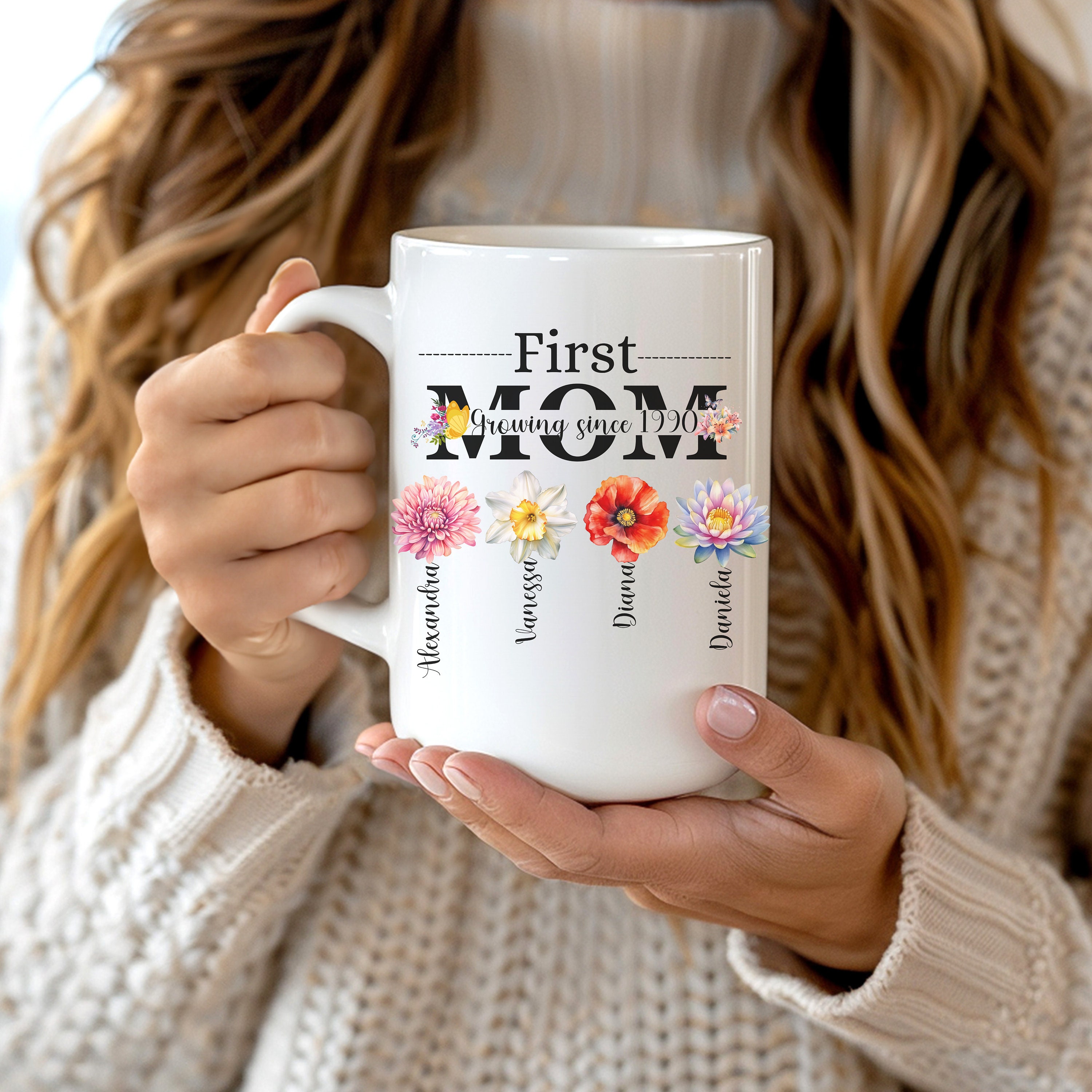 First Mom Now Grandma Ceramic Mug, Custom Nana Birth Month Flower Mug ...