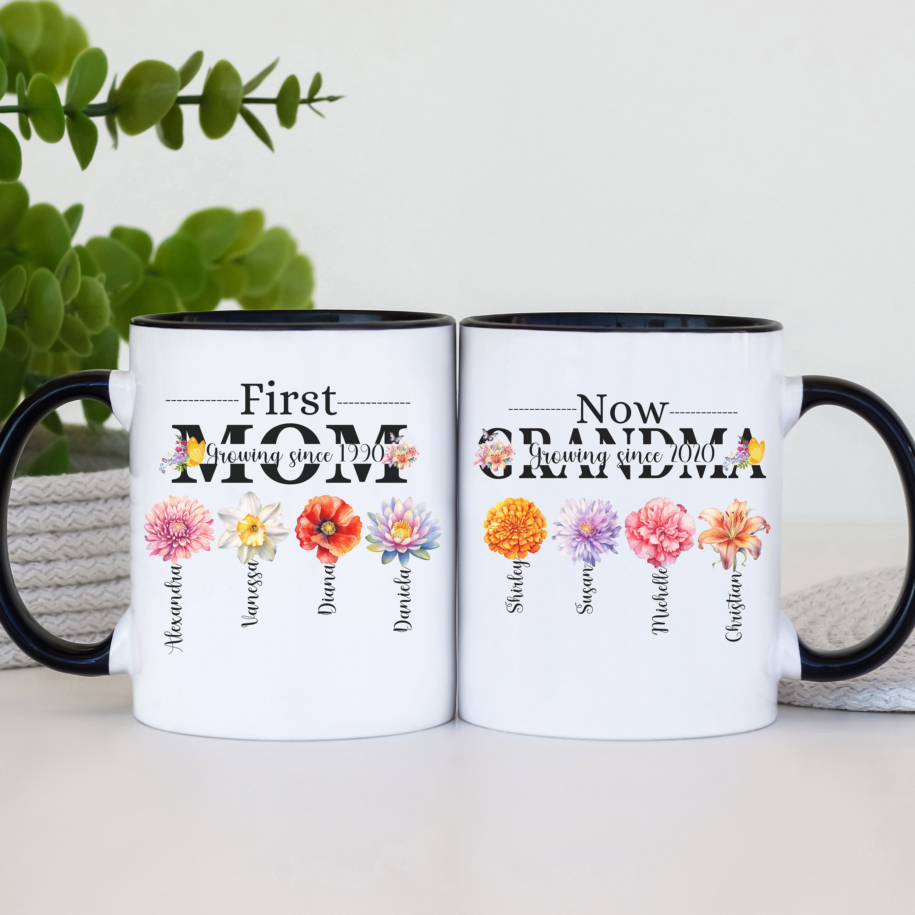First Mom Now Grandma Ceramic Mug, Custom Nana Birth Month Flower Mug ...