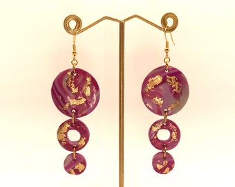 Pendientes y colgantes de arcilla de polímero de mármol rosa caliente con hoja de oro