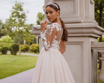 Blush aline lace wedding dress Plus size corset wedding gown Garden rustic wedding reception dress Ethereal tulle wedding dress long sleeves