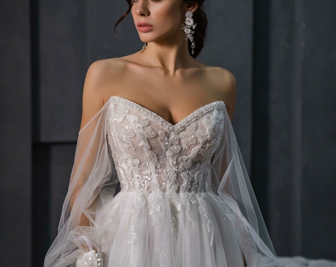 Featured listing image: Fairy embroidered corset wedding dress Glitter tulle ethereal a line wedding dress Off the shoulder long sleeve reception wedding dress 2022