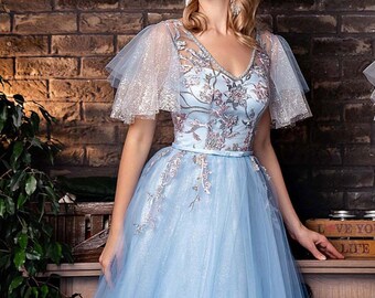 Blue Wedding Dress Fairy Wedding Dress Alternative Wedding Dress Prom Dress Long Blue Dress Tulle Dress Women Embroidered Dress Evening Gown