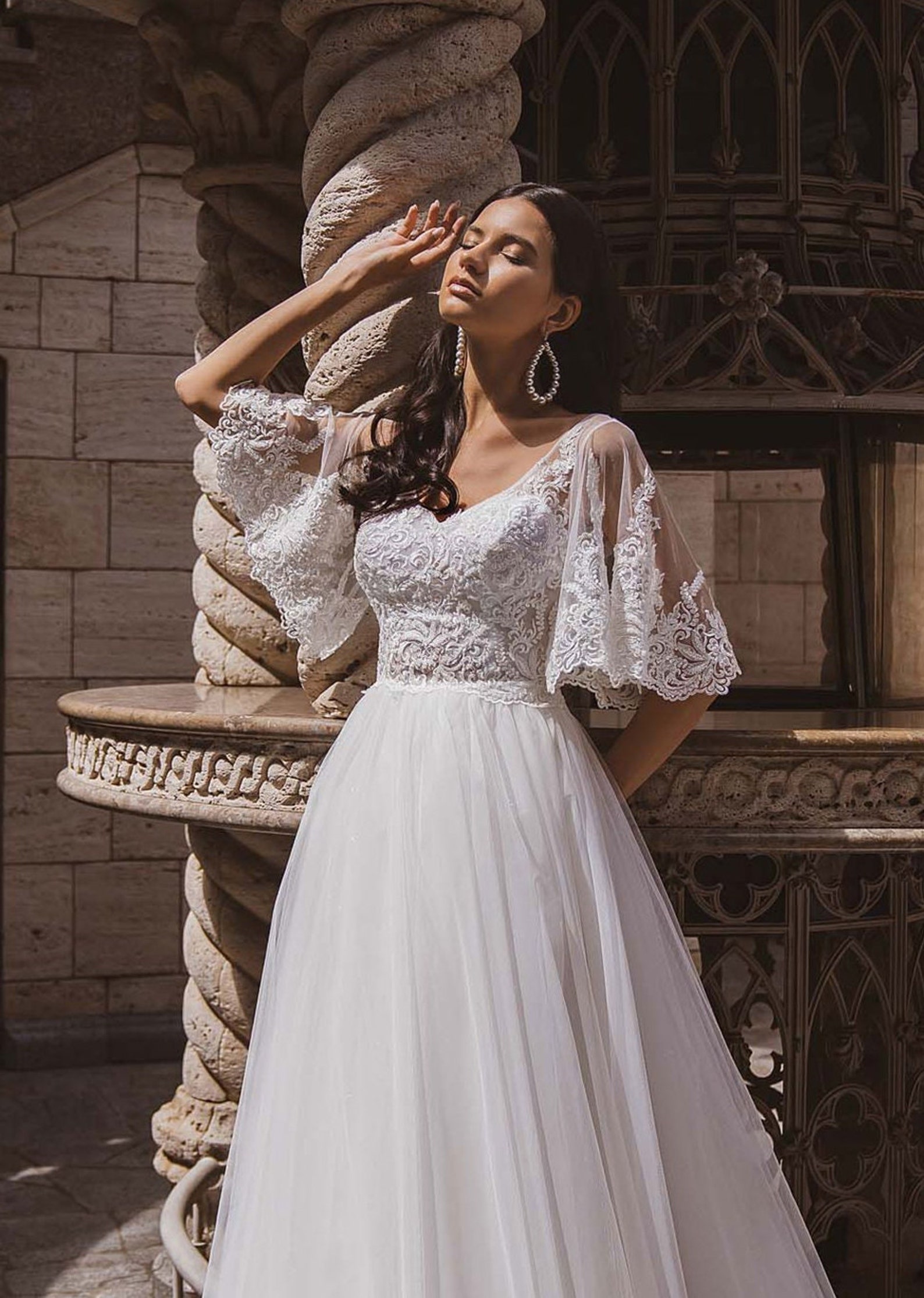 Bohemian Flutter Sleeve Wedding Dress Romantic a Line Lace Etsy