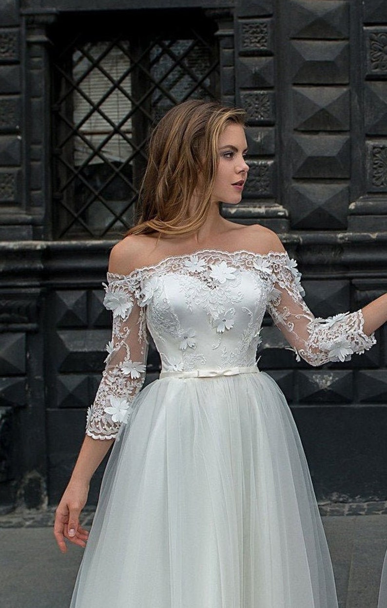 Off The Shoulder Wedding Dress Alternative3d Flowers Ivory Etsy