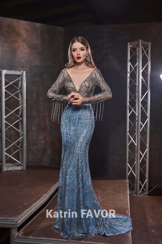 Bling Mermaid Evening Gown Grey Long 