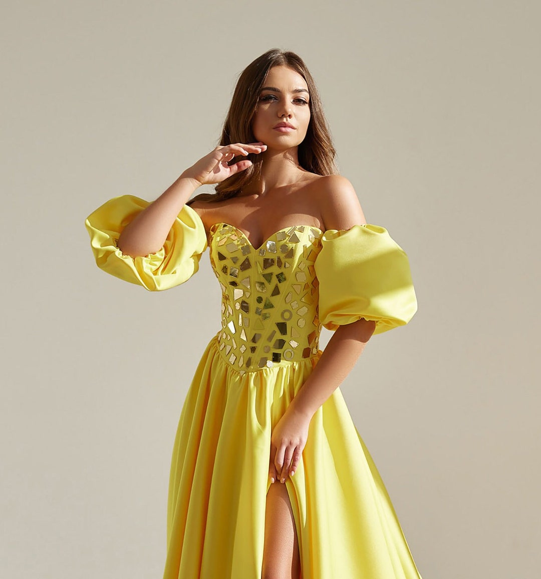 Corset Prom Dress Fairy Yellow Prom Dress Long Puff Sleeve Etsy