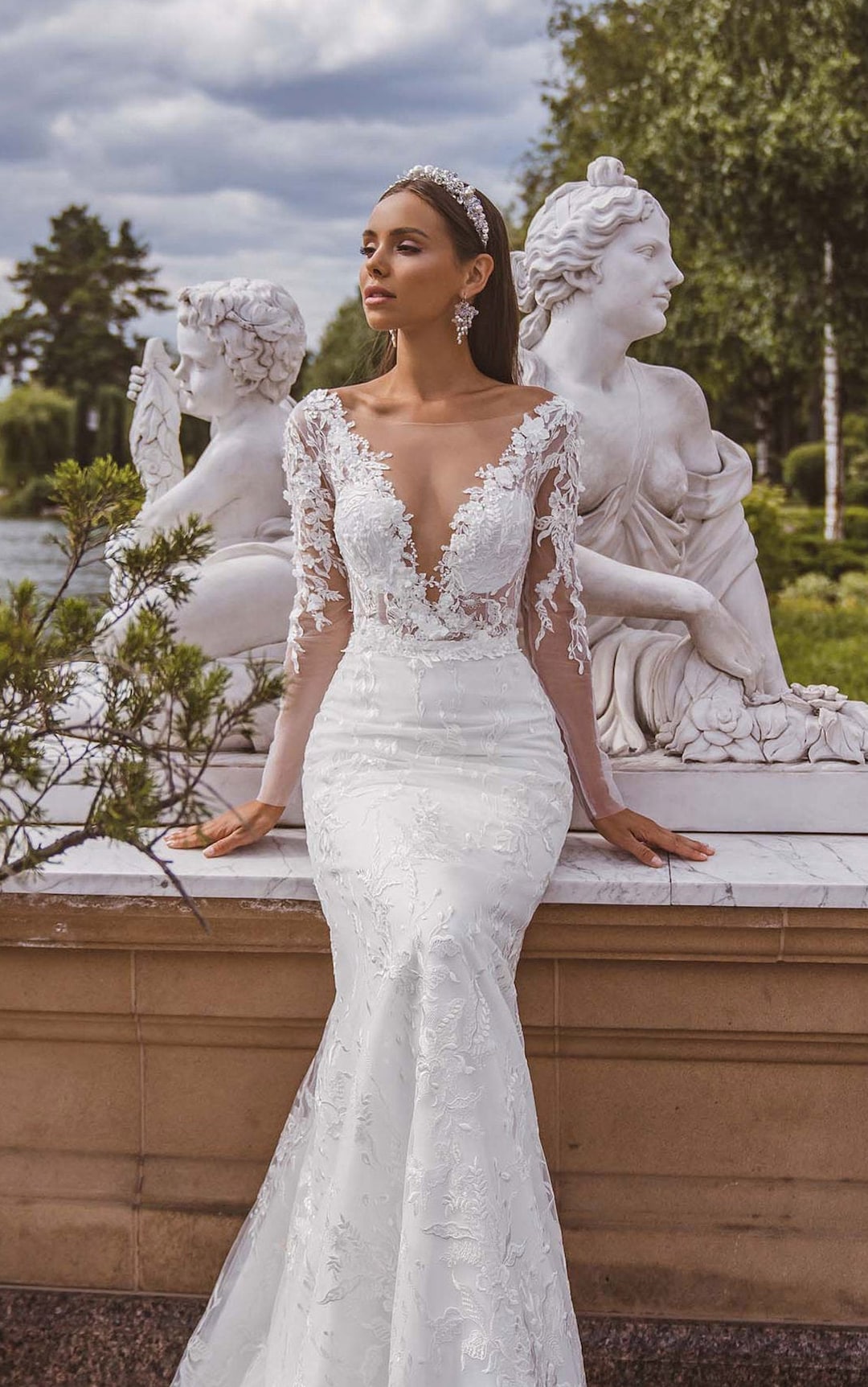 Long Sleeve Lace Mermaid Wedding Dress Two Piece Sheath Etsy