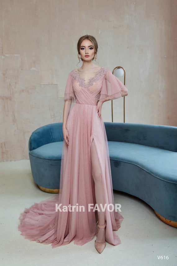 Tulle Mother of The Bride Dress Bell Sleeve Wedding Guest Dress Open Back Goddess Dress Embroidered Fairy Dress Burgundy Bridesmaid Dress