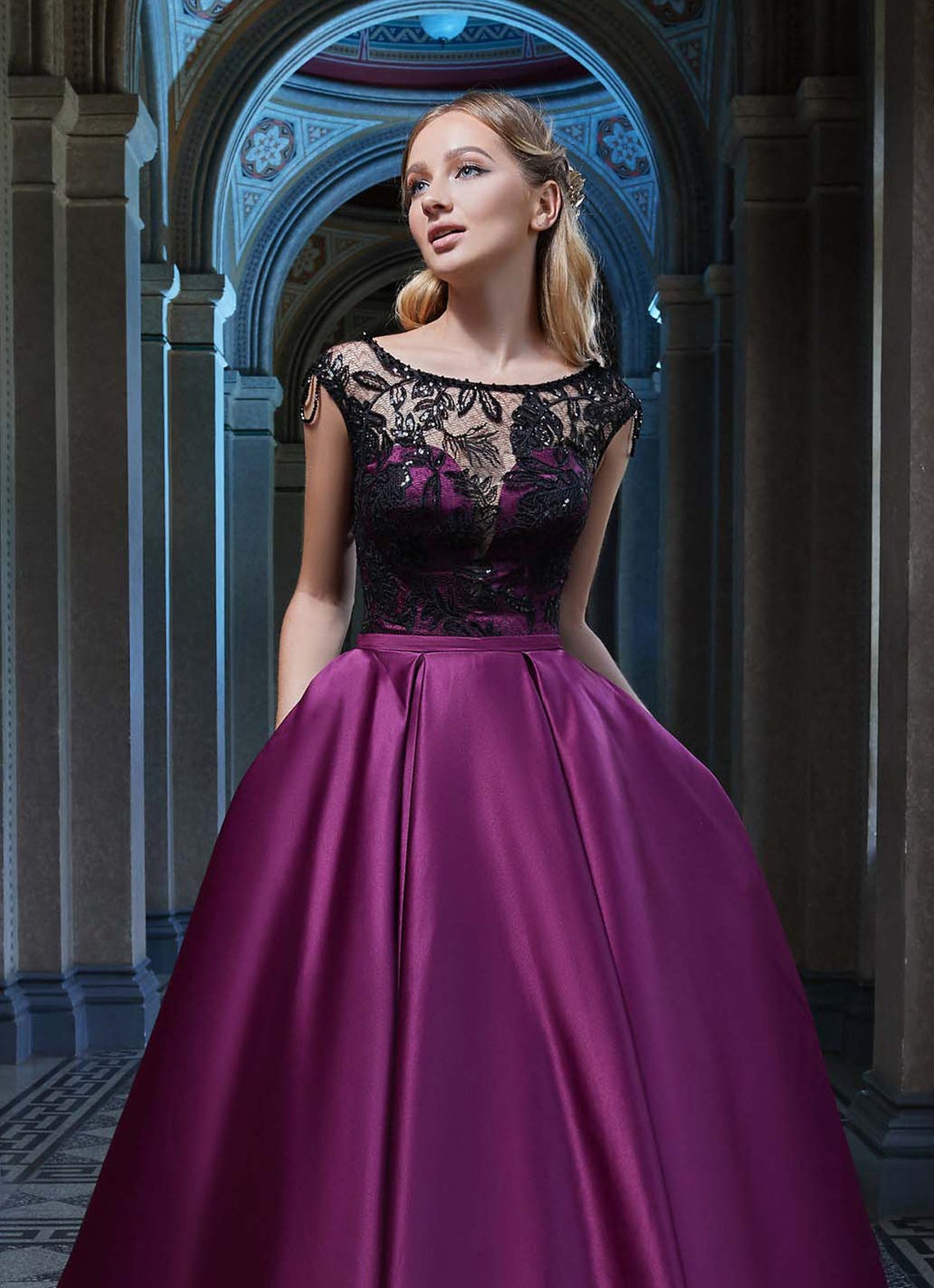 Black lace evening gown Satin ball gown dress Corset prom Violet