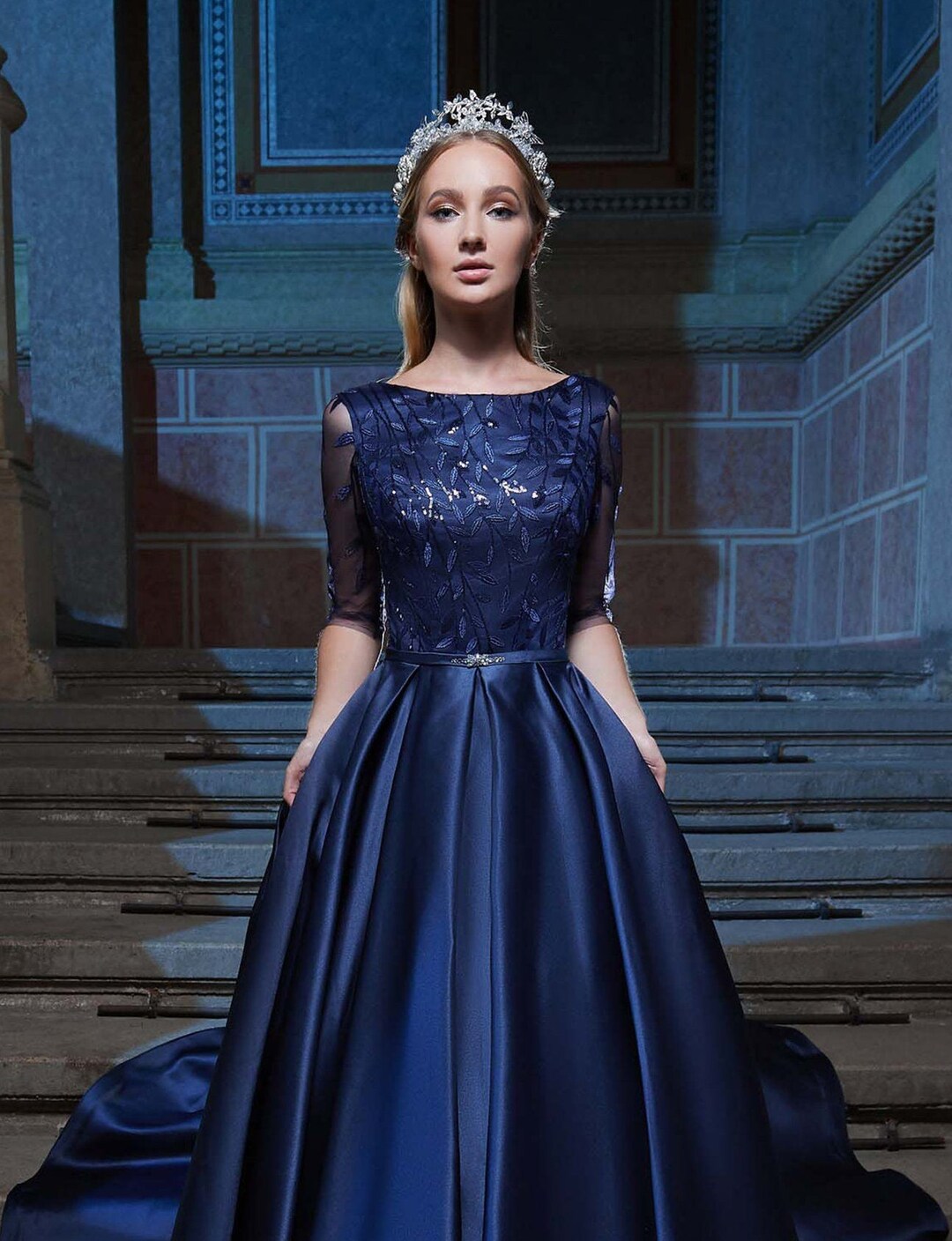 Navy Blue Mother of the Bride Dress Floral Lace Wedding Guest - Etsy