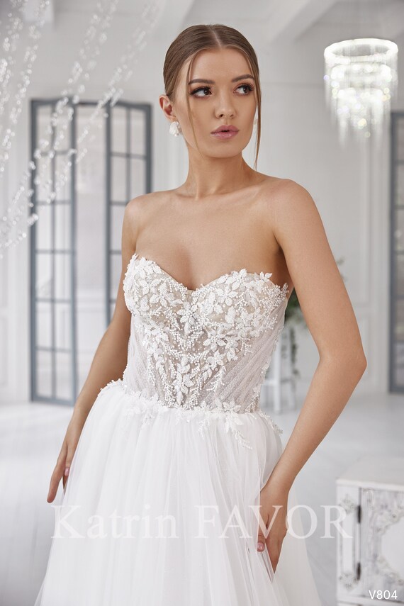 Strapless Bustier Corset Wedding Dress Floral Embroidered Etsy