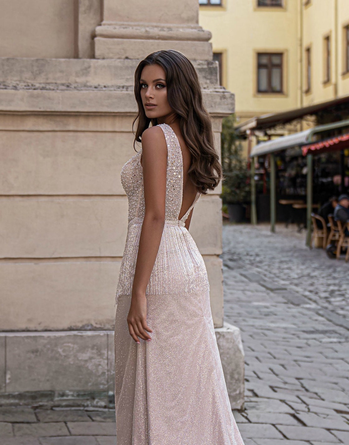 Blush pink lace wedding dress