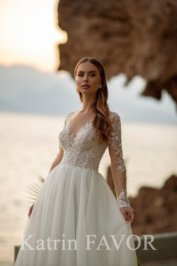 Fairy Embroidered Long Sleeve Wedding Dress Sequin Beaded Lace - Etsy UK