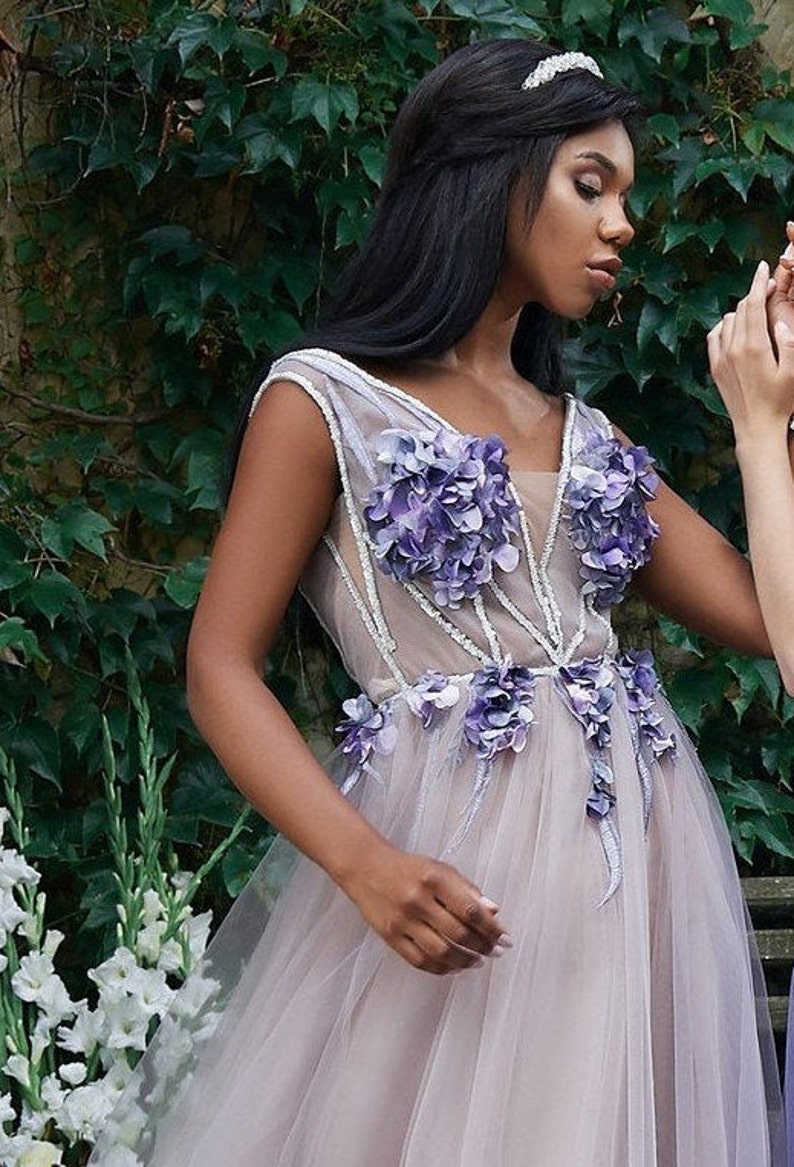 Purple Long Sleeve Dress Slim One Neck Sleeve Floral Tulle Dress