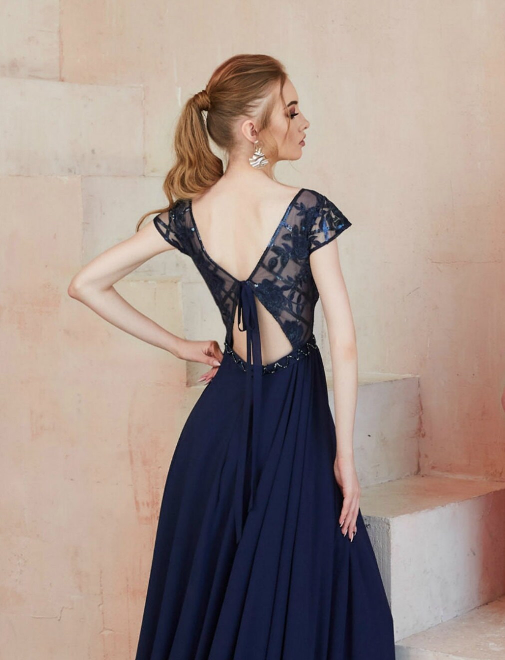 Navy blue wedding guest dress Open back evening gown Short sleeve prom