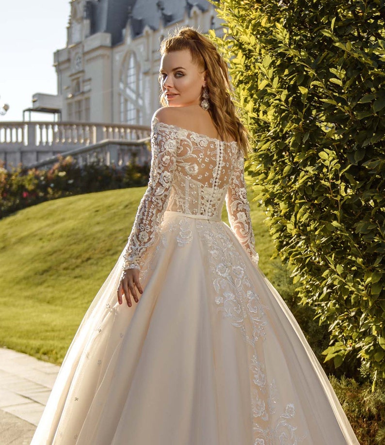 Fairy Blush Wedding Dress off the Shoulder Long Sleeve Wedding | Etsy