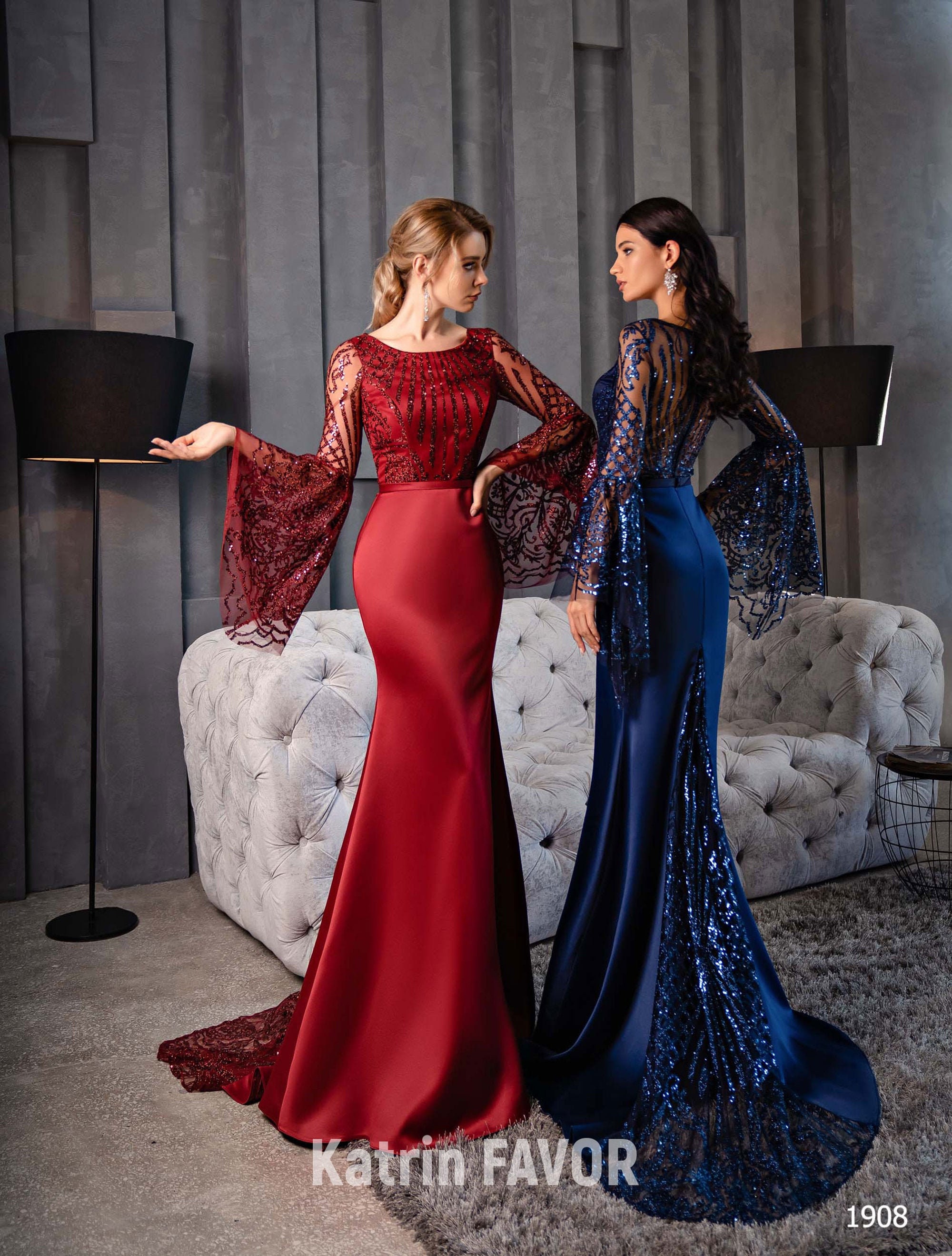 Lace Long Sleeve Evening Gown Navy Blue 
