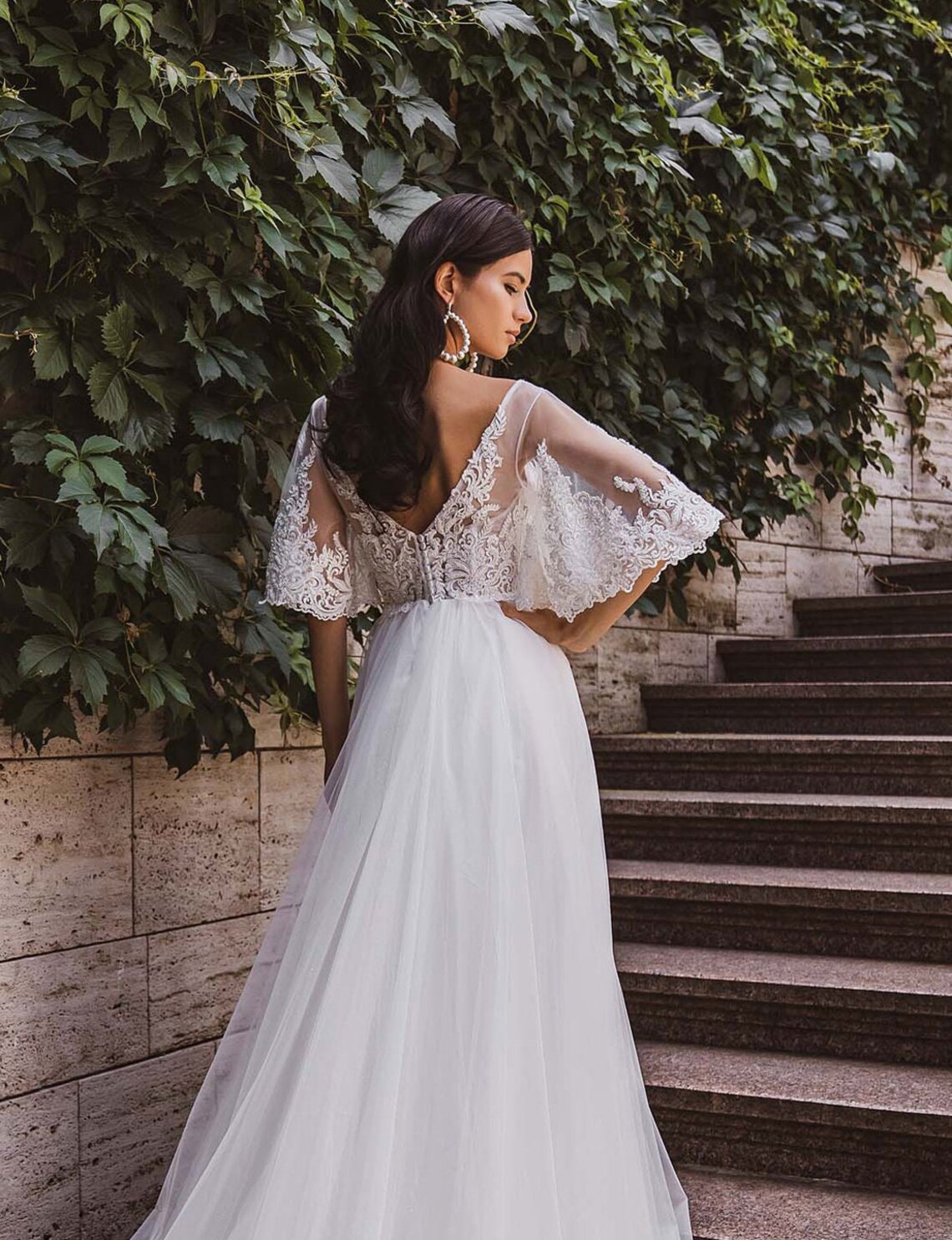 Bohemian Flutter Sleeve Wedding Dress Romantic a Line Lace Etsy