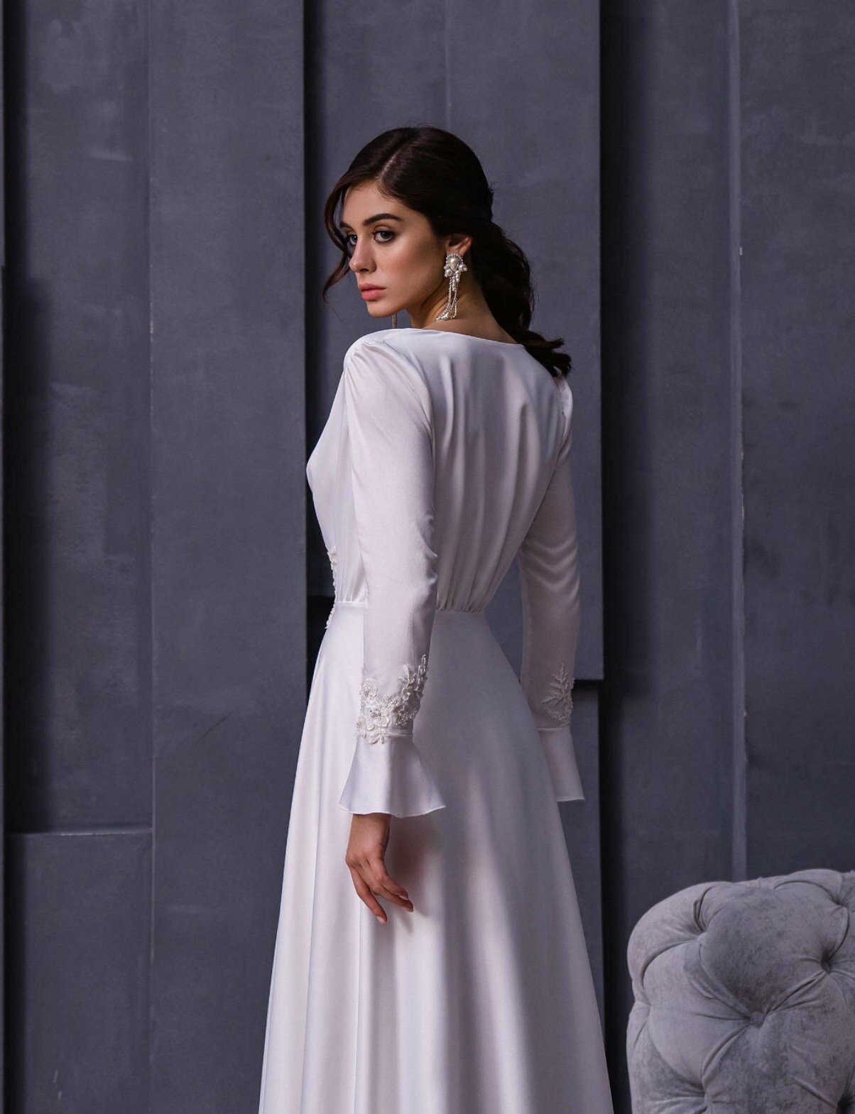 Two Piece Winter Wedding Dress Satin Long Sleeve Aline Wedding | Etsy