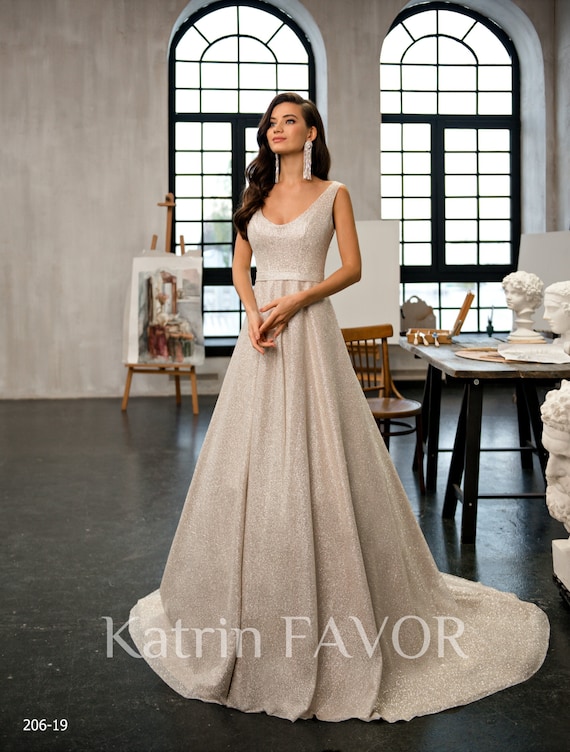 Simple Blush Wedding Dress Glitter 