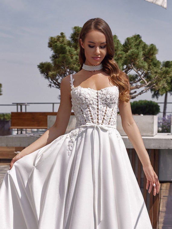 Embroidered Bustier Corset Wedding Dress Beach Wedding Etsy