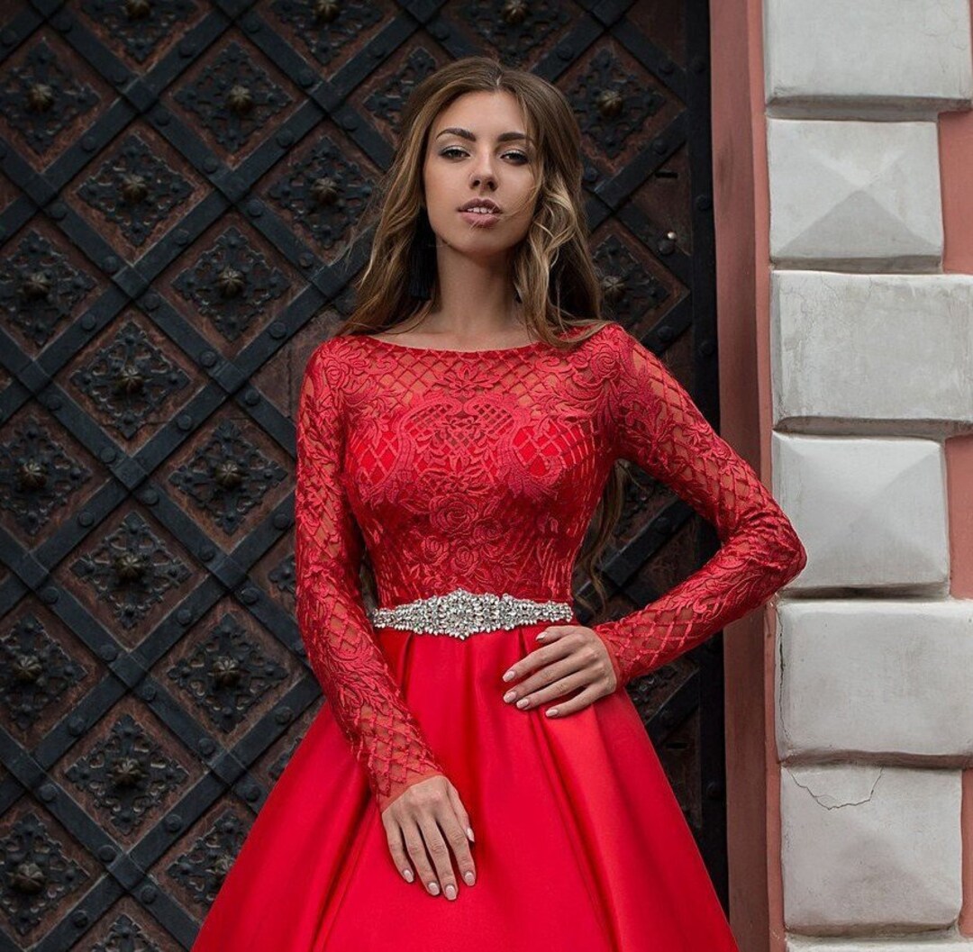Red Wedding Dresslong Sleeve Lace Top Maxi Gownblack Bridal Etsy